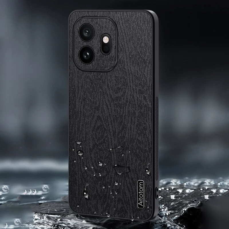 For OnePlus 15T 5G Case Wood Texture PU Leather Coated PC TPU Phone Cover - Black