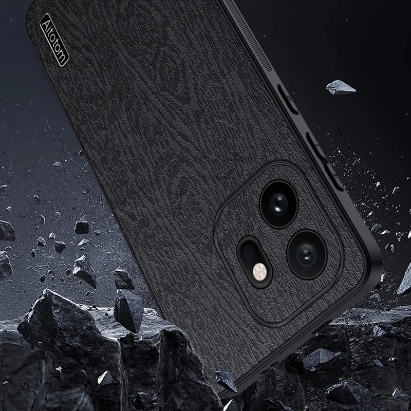For OnePlus 15T 5G Case Wood Texture PU Leather Coated PC TPU Phone Cover - Black