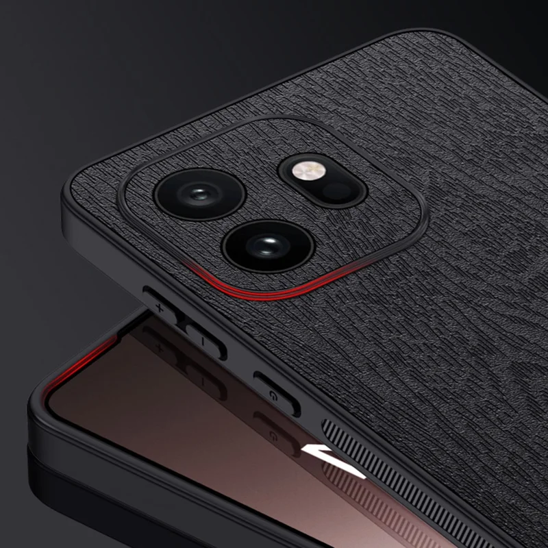 For OnePlus 15T 5G Case Wood Texture PU Leather Coated PC TPU Phone Cover - Black