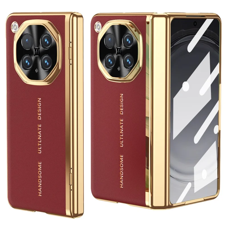 For Oppo Find N6 5G Case PU Leather + PC Electroplated Phone Cover with Front Screen Protector - Red