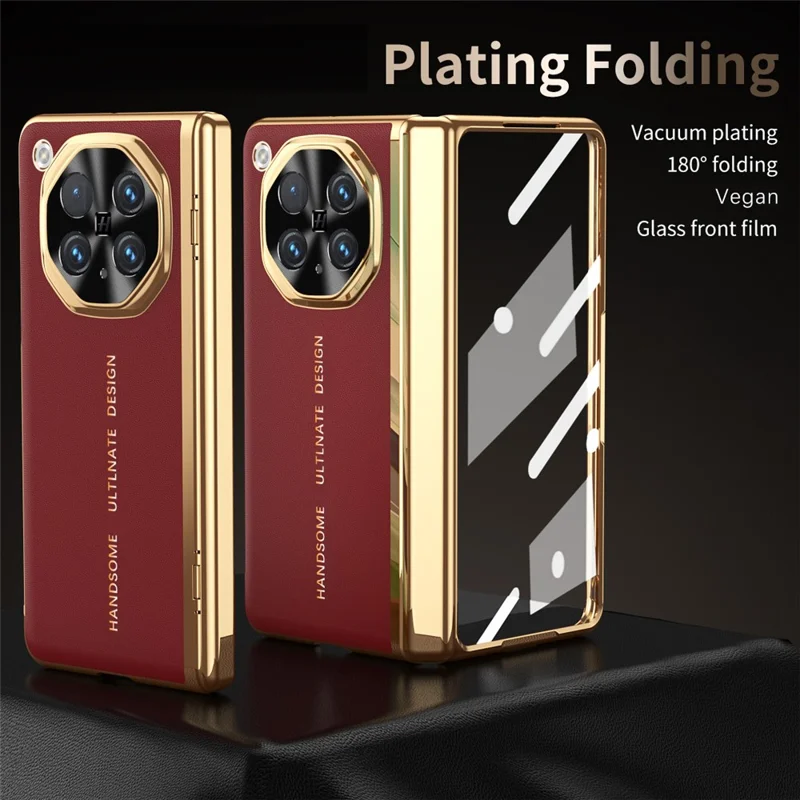 For Oppo Find N6 5G Case PU Leather + PC Electroplated Phone Cover with Front Screen Protector - Red