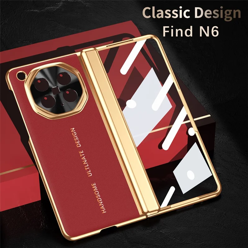 For Oppo Find N6 5G Case PU Leather + PC Electroplated Phone Cover with Front Screen Protector - Red