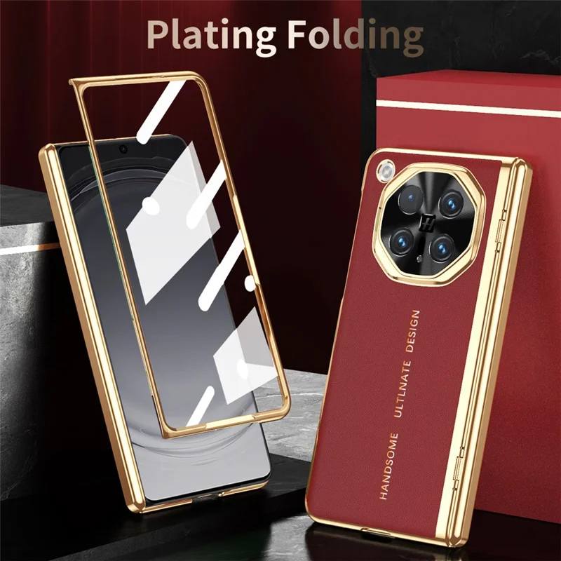 For Oppo Find N6 5G Case PU Leather + PC Electroplated Phone Cover with Front Screen Protector - Red