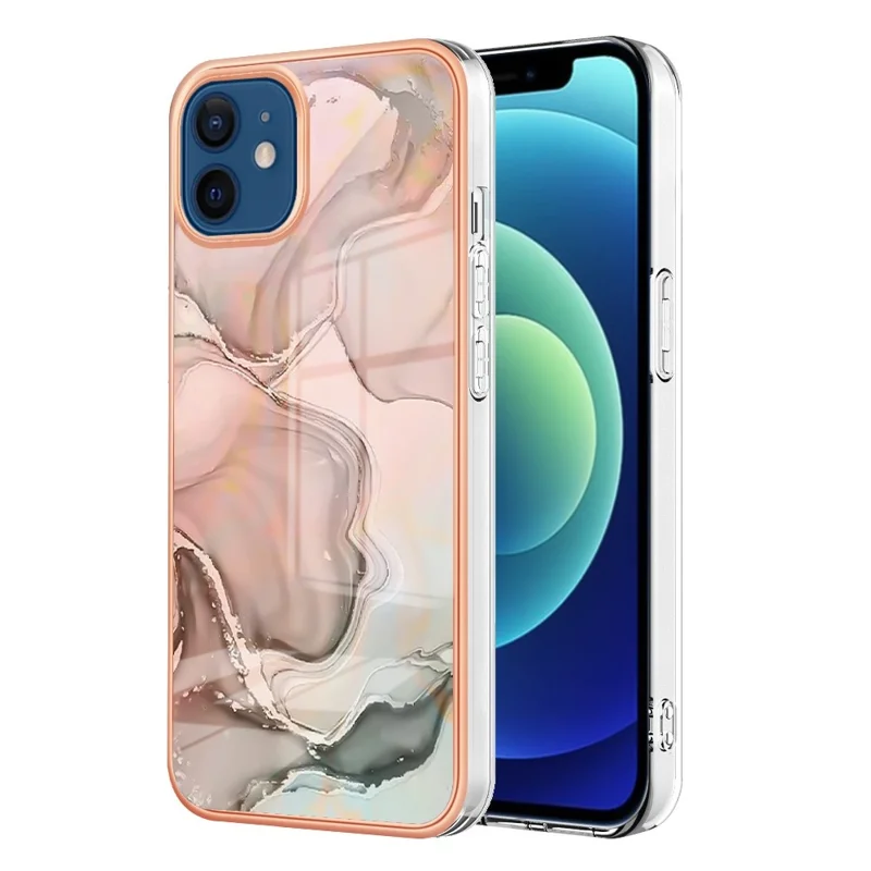 Voor iPhone 12 / 12 Pro 6,1 inch YB IMD-serie-16 Stijl E Marmeren patroon Achterkant Schokabsorptie 2,0 mm TPU IMD Electroplating Frame Hoesje - Roze