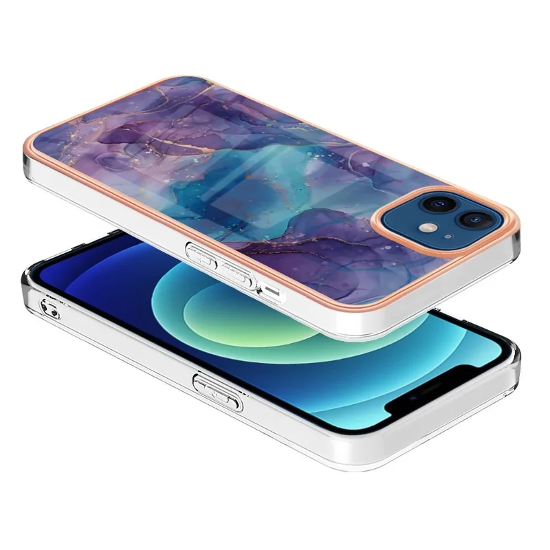 For iPhone 12 / 12 Pro 6.1 inch YB IMD Series-16 Style E Marble Pattern Back Cover Shock-Absorption 2.0mm TPU IMD Electroplating Frame Phone Case - Purple