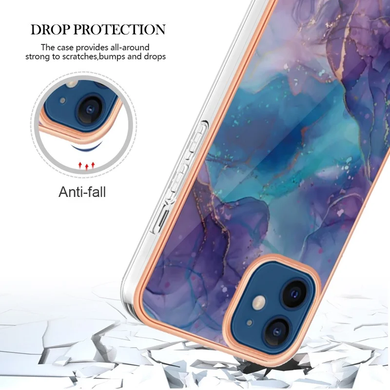 For iPhone 12 / 12 Pro 6.1 inch YB IMD Series-16 Style E Marble Pattern Back Cover Shock-Absorption 2.0mm TPU IMD Electroplating Frame Phone Case - Purple