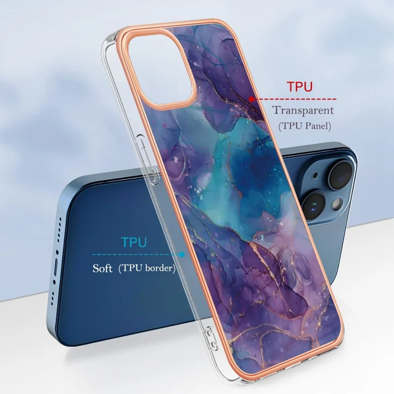 For iPhone 12 / 12 Pro 6.1 inch YB IMD Series-16 Style E Marble Pattern Back Cover Shock-Absorption 2.0mm TPU IMD Electroplating Frame Phone Case - Purple