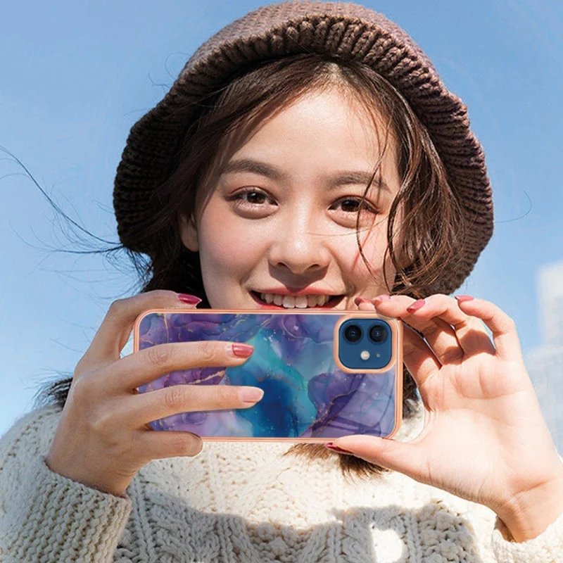 For iPhone 12 / 12 Pro 6.1 inch YB IMD Series-16 Style E Marble Pattern Back Cover Shock-Absorption 2.0mm TPU IMD Electroplating Frame Phone Case - Purple