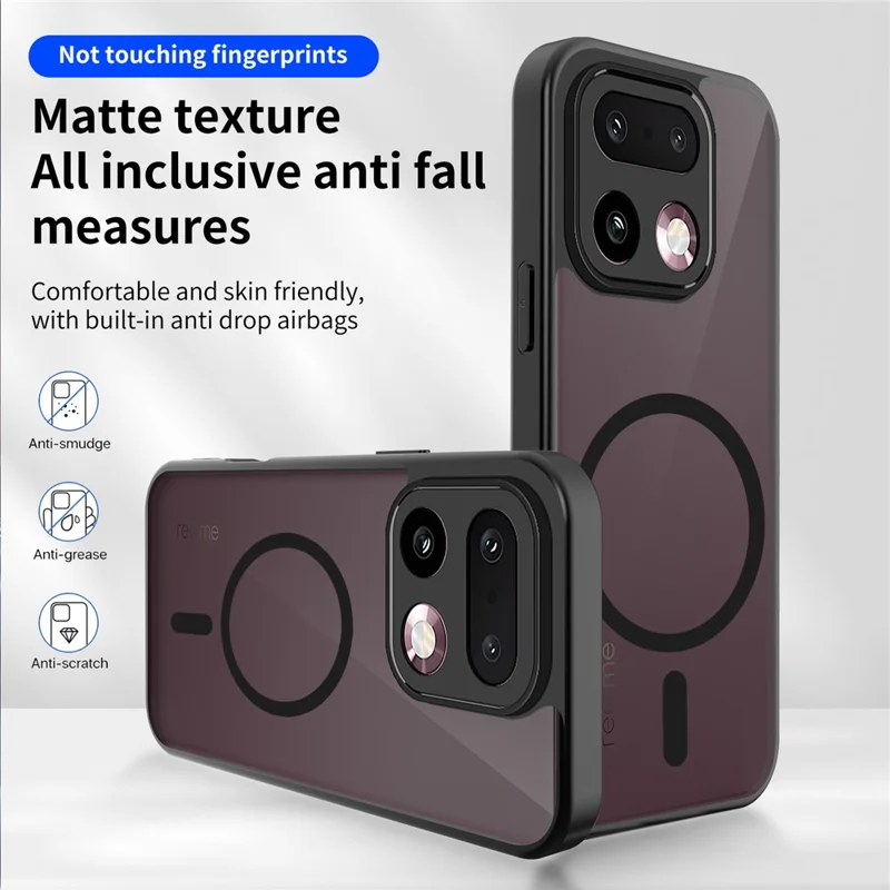 For Realme 16 Pro 5G Magnetic Case Skin Touch Matte PC + TPU Anti-Drop Phone Cover - Black