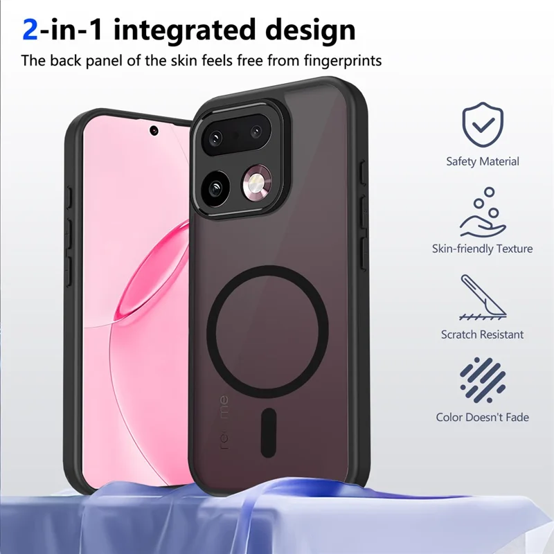 For Realme 16 Pro+ 5G Magnetic Case Skin Touch Matte PC + TPU Anti-Drop Phone Cover - Black