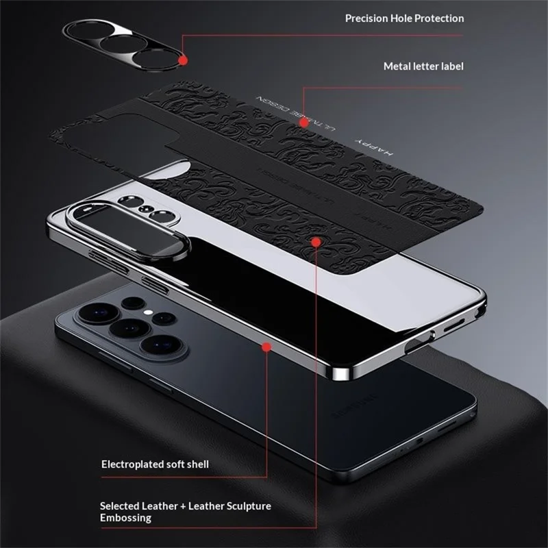 For Samsung Galaxy S26 Ultra Electroplated Shell Embossed PU  Leather + PC + TPU Protective Cover - Black