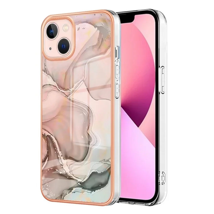 For iPhone 13 6.1 inch YB IMD Series-16 Style E 2.0mm TPU Drop Tested Phone Case Electroplating Frame Marble Pattern IMD Back Cover - Pink