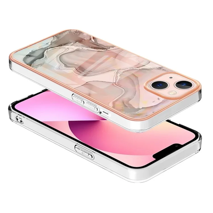 For iPhone 13 6.1 inch YB IMD Series-16 Style E 2.0mm TPU Drop Tested Phone Case Electroplating Frame Marble Pattern IMD Back Cover - Pink