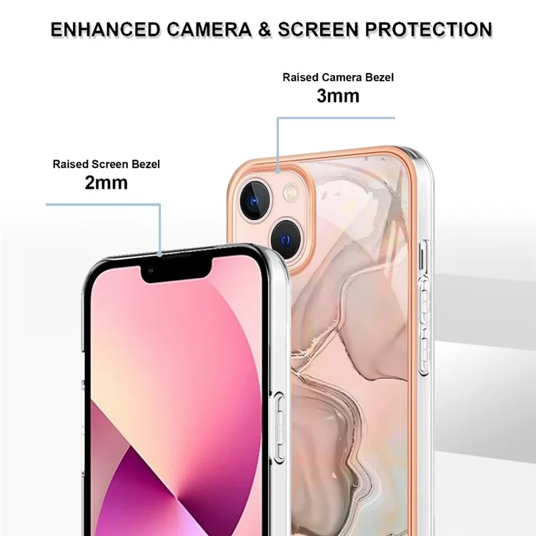 For iPhone 13 6.1 inch YB IMD Series-16 Style E 2.0mm TPU Drop Tested Phone Case Electroplating Frame Marble Pattern IMD Back Cover - Pink