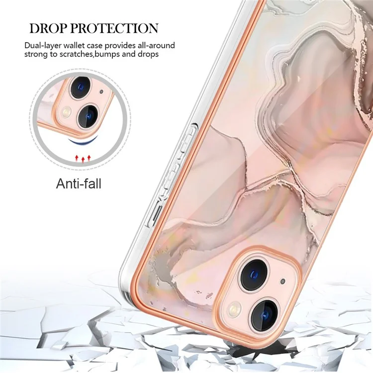 For iPhone 13 6.1 inch YB IMD Series-16 Style E 2.0mm TPU Drop Tested Phone Case Electroplating Frame Marble Pattern IMD Back Cover - Pink