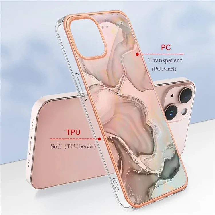 For iPhone 13 6.1 inch YB IMD Series-16 Style E 2.0mm TPU Drop Tested Phone Case Electroplating Frame Marble Pattern IMD Back Cover - Pink