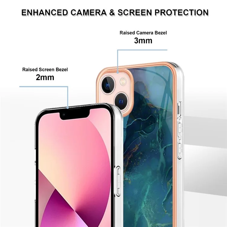 For iPhone 13 6.1 inch YB IMD Series-16 Style E 2.0mm TPU Drop Tested Phone Case Electroplating Frame Marble Pattern IMD Back Cover - Green