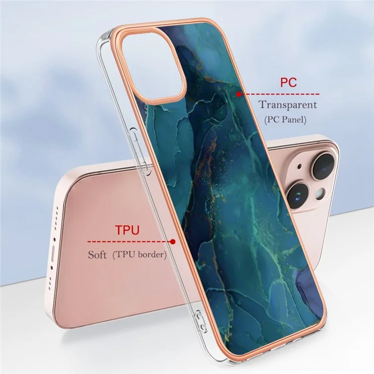 For iPhone 13 6.1 inch YB IMD Series-16 Style E 2.0mm TPU Drop Tested Phone Case Electroplating Frame Marble Pattern IMD Back Cover - Green