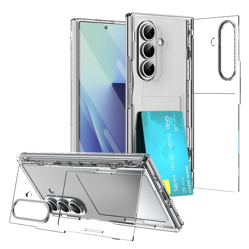 For Samsung Galaxy Z Fold7 5G Case with Tempered Glass Card Holder Stand Wallet Cover - Transparent