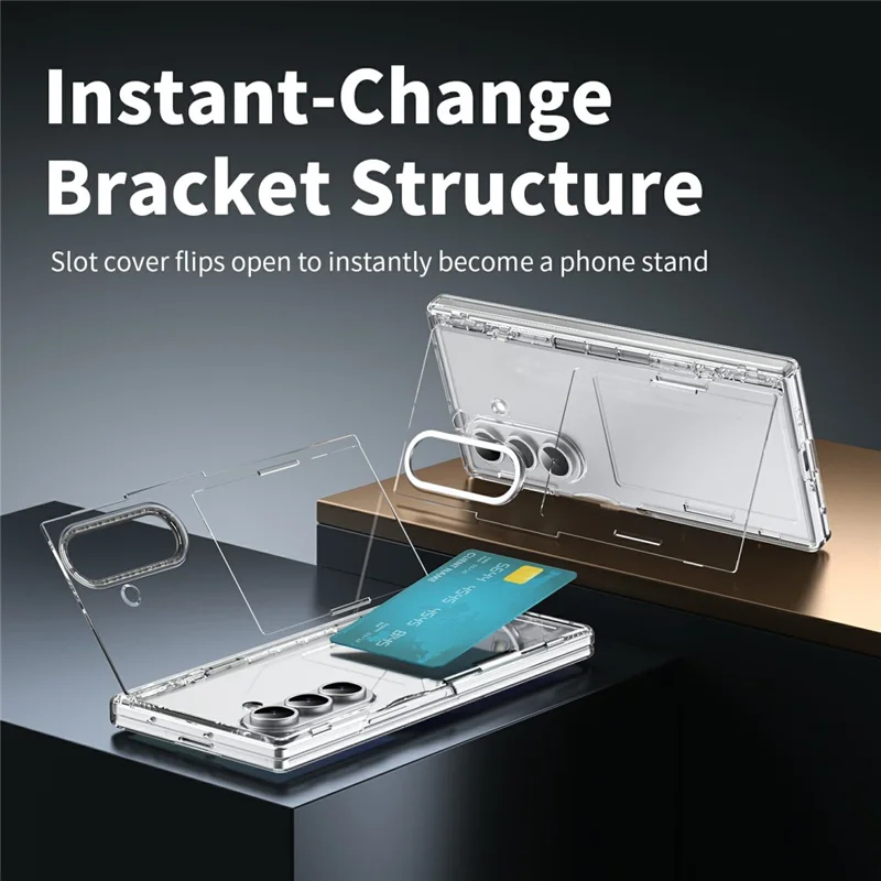 For Samsung Galaxy Z Fold7 5G Case with Tempered Glass Card Holder Stand Wallet Cover - Transparent