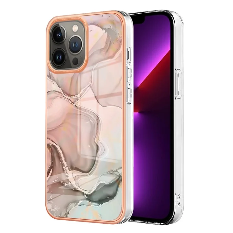 For iPhone 13 Pro 6.1 inch YB IMD Series-16 Style E Marble Pattern Phone Case Electroplating Frame IMD 2.0mm TPU Scratch-Proof Protective Cover  - Pink