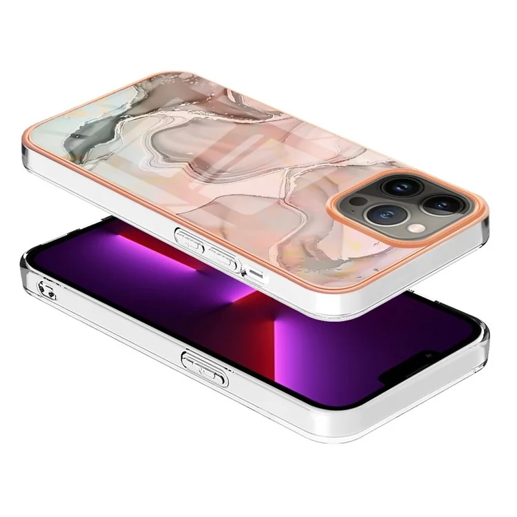 For iPhone 13 Pro 6.1 inch YB IMD Series-16 Style E Marble Pattern Phone Case Electroplating Frame IMD 2.0mm TPU Scratch-Proof Protective Cover  - Pink