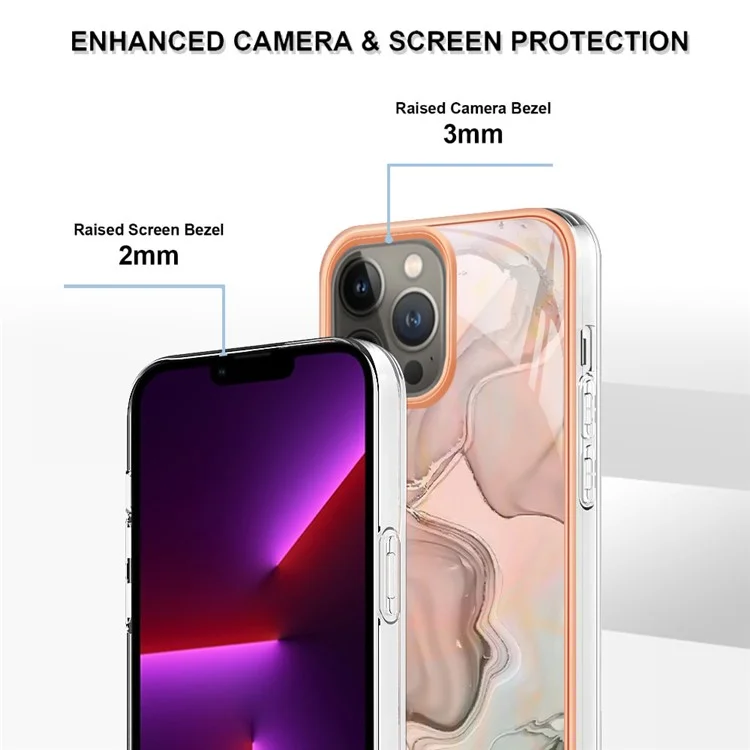 For iPhone 13 Pro 6.1 inch YB IMD Series-16 Style E Marble Pattern Phone Case Electroplating Frame IMD 2.0mm TPU Scratch-Proof Protective Cover  - Pink