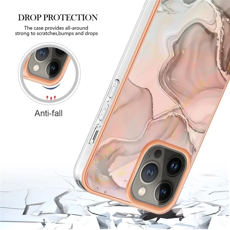 For iPhone 13 Pro 6.1 inch YB IMD Series-16 Style E Marble Pattern Phone Case Electroplating Frame IMD 2.0mm TPU Scratch-Proof Protective Cover  - Pink