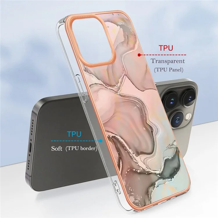 For iPhone 13 Pro 6.1 inch YB IMD Series-16 Style E Marble Pattern Phone Case Electroplating Frame IMD 2.0mm TPU Scratch-Proof Protective Cover  - Pink