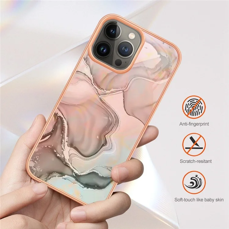 For iPhone 13 Pro 6.1 inch YB IMD Series-16 Style E Marble Pattern Phone Case Electroplating Frame IMD 2.0mm TPU Scratch-Proof Protective Cover  - Pink