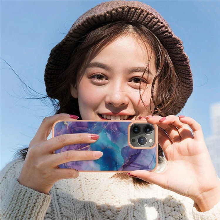 For iPhone 13 Pro 6.1 inch YB IMD Series-16 Style E Marble Pattern Phone Case Electroplating Frame IMD 2.0mm TPU Scratch-Proof Protective Cover  - Pink