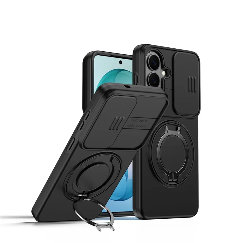 For Samsung Galaxy S26+ Case Magnetic Case Ring Kickstand Slide Camera Cover TPU PC Hybrid Phone Shell - Black