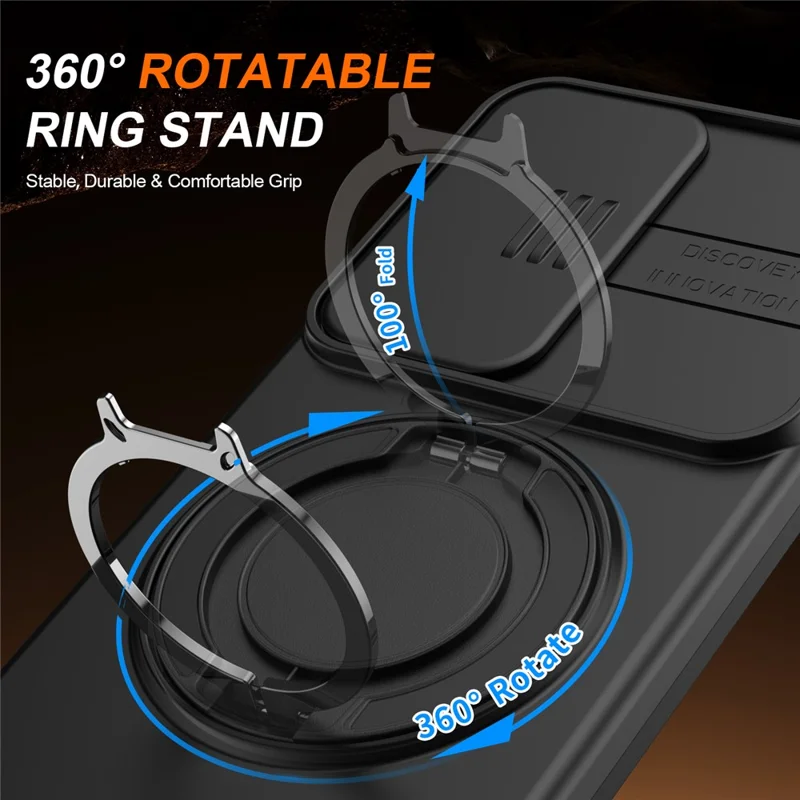 For Samsung Galaxy S26+ Case Magnetic Case Ring Kickstand Slide Camera Cover TPU PC Hybrid Phone Shell - Black