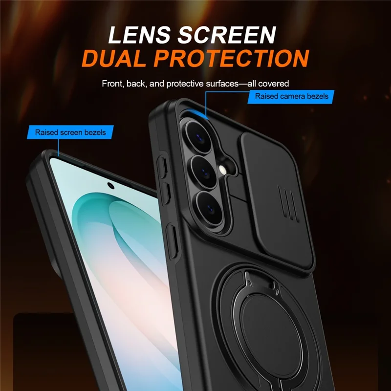 For Samsung Galaxy S26+ Case Magnetic Case Ring Kickstand Slide Camera Cover TPU PC Hybrid Phone Shell - Black