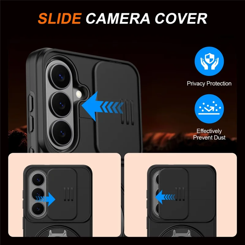 For Samsung Galaxy S26+ Case Magnetic Case Ring Kickstand Slide Camera Cover TPU PC Hybrid Phone Shell - Black