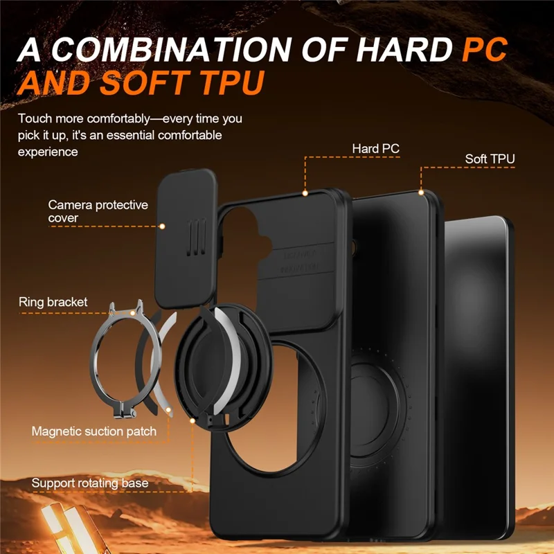 For Samsung Galaxy S26+ Case Magnetic Case Ring Kickstand Slide Camera Cover TPU PC Hybrid Phone Shell - Black
