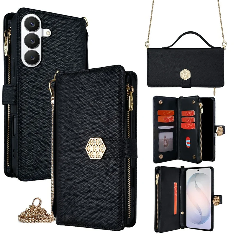 For Samsung Galaxy S26 Case Cross Texture PU Leather + TPU Wallet Phone Cover with Strap - Black