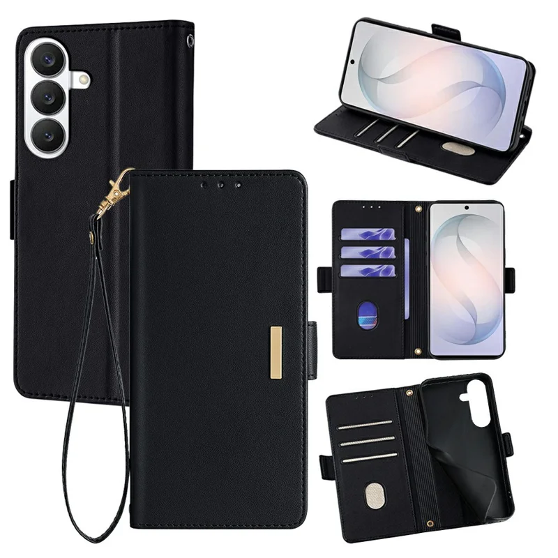 For Samsung Galaxy S26 Case RFID Blocking Wallet PU Leather Phone Cover with Wrist Strap - Black