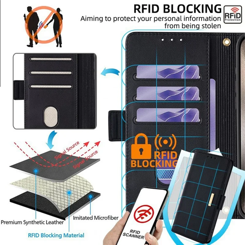 For Samsung Galaxy S26 Case RFID Blocking Wallet PU Leather Phone Cover with Wrist Strap - Black