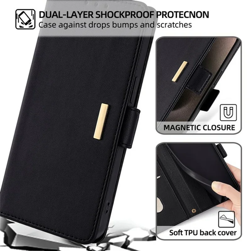 For Samsung Galaxy S26 Case RFID Blocking Wallet PU Leather Phone Cover with Wrist Strap - Black