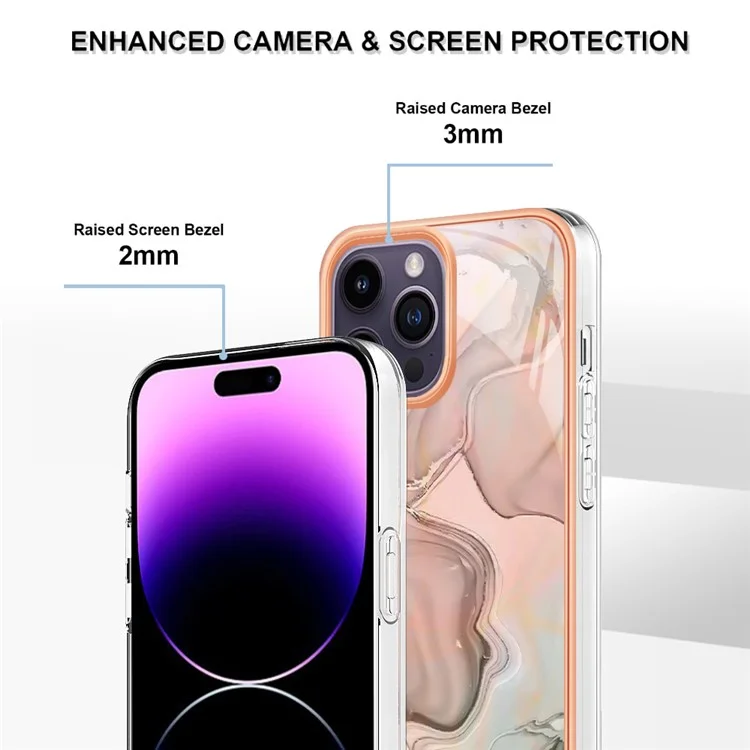Para iPhone 14 Pro Max YB IMD Series-16 Style E Electroplating Frame Marble Pattern Case Shockproof Protection 2.0mm TPU IMD Phone Cover - Pink