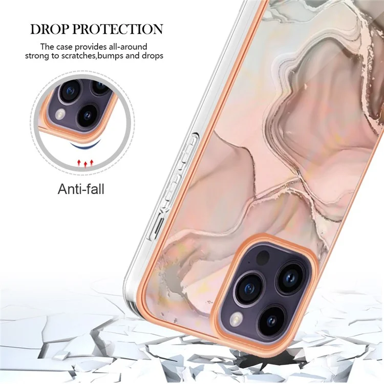 Para iPhone 14 Pro Max YB IMD Series-16 Style E Electroplating Frame Marble Pattern Case Shockproof Protection 2.0mm TPU IMD Phone Cover - Pink