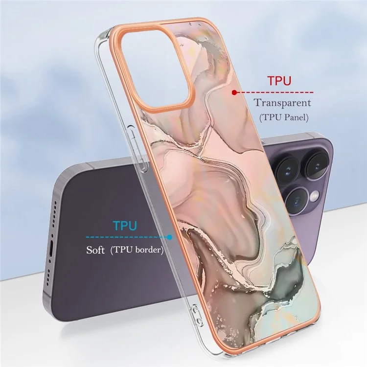 Para iPhone 14 Pro Max YB IMD Series-16 Style E Electroplating Frame Marble Pattern Case Shockproof Protection 2.0mm TPU IMD Phone Cover - Pink