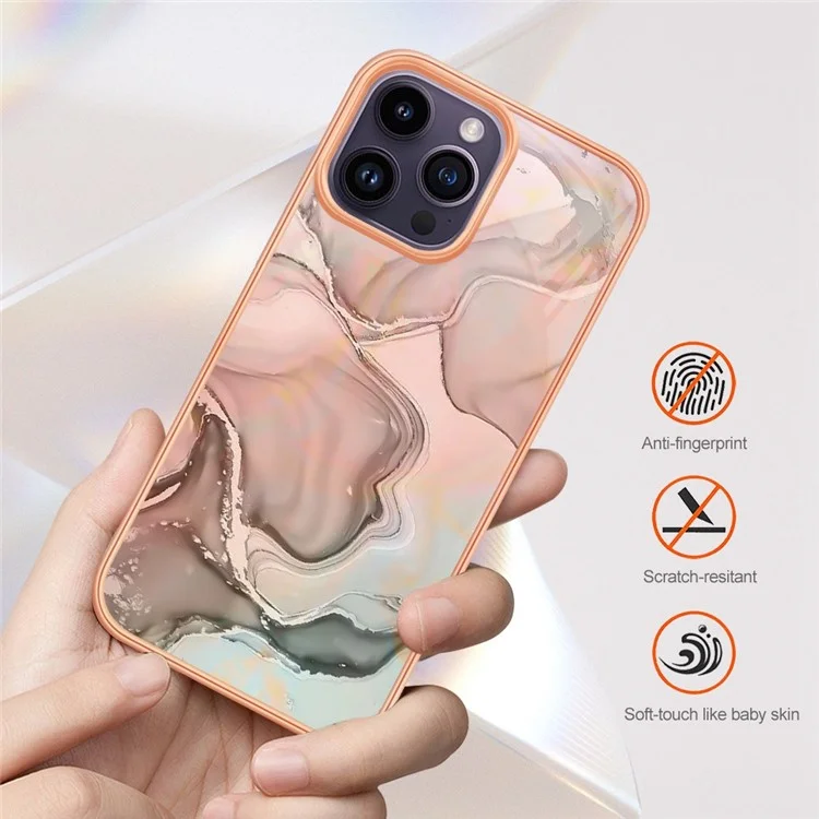 Para iPhone 14 Pro Max YB IMD Series-16 Style E Electroplating Frame Marble Pattern Case Shockproof Protection 2.0mm TPU IMD Phone Cover - Pink