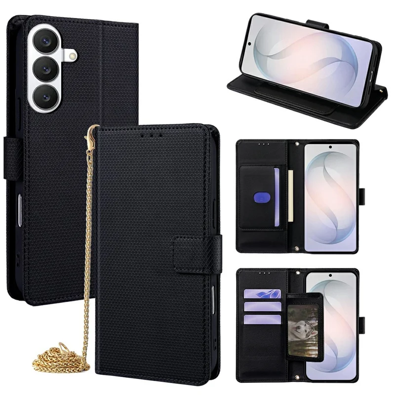 Für Samsung Galaxy S26 Brieftaschenhülle mit Dreieckmuster Stand-Leder-Handyhülle mit Schultergurt - Schwarz