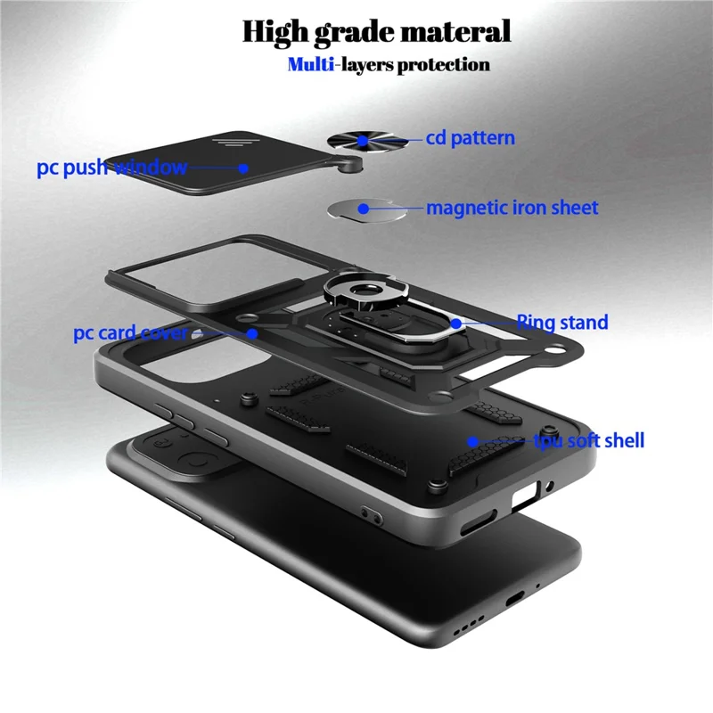 Til Realme 16 Pro 5G hylse med skydelinse i PC + TPU med ståbøjle - Sort