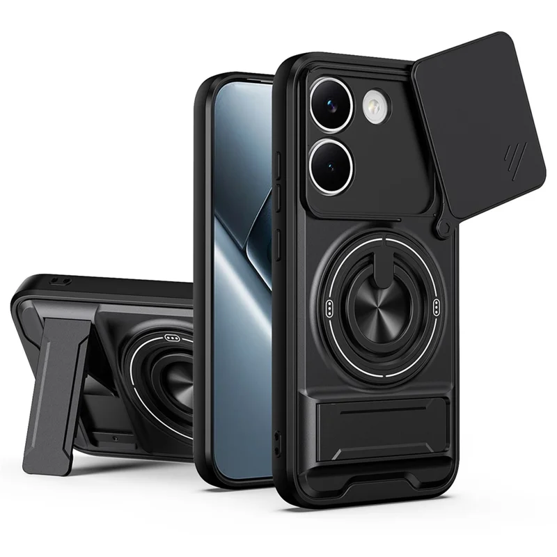 For Xiaomi Poco X8 Pro 5G Magnetic Case Ring Holder Foldable Kickstand TPU PC Phone Cover with Camera Lens Slider - Black