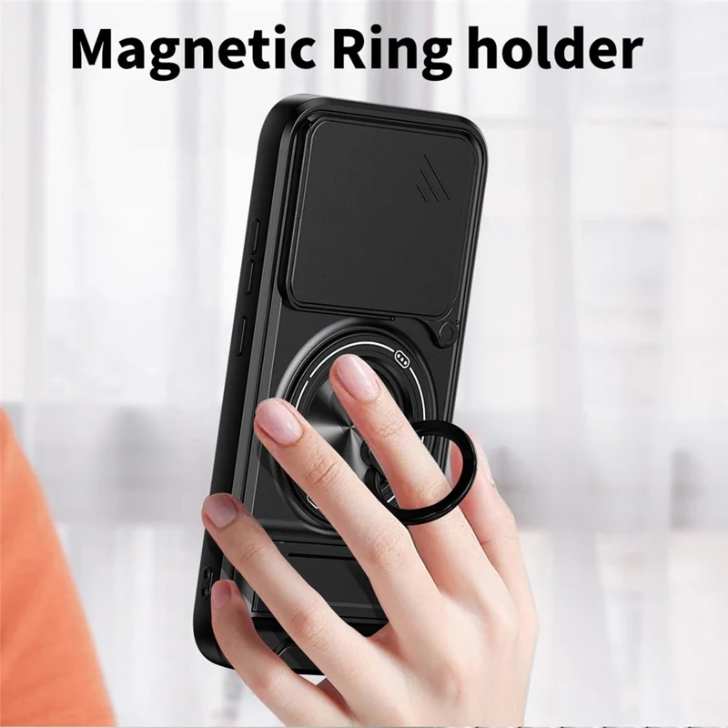 For Xiaomi Poco X8 Pro 5G Magnetic Case Ring Holder Foldable Kickstand TPU PC Phone Cover with Camera Lens Slider - Black