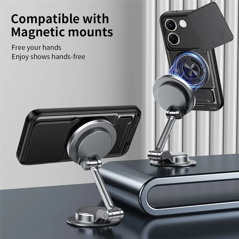 For Xiaomi Poco X8 Pro 5G Magnetic Case Ring Holder Foldable Kickstand TPU PC Phone Cover with Camera Lens Slider - Black