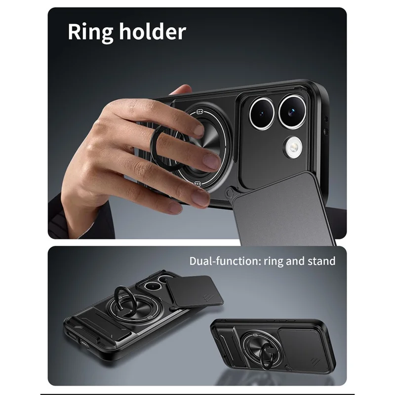 For Xiaomi Poco X8 Pro 5G Magnetic Case Ring Holder Foldable Kickstand TPU PC Phone Cover with Camera Lens Slider - Black